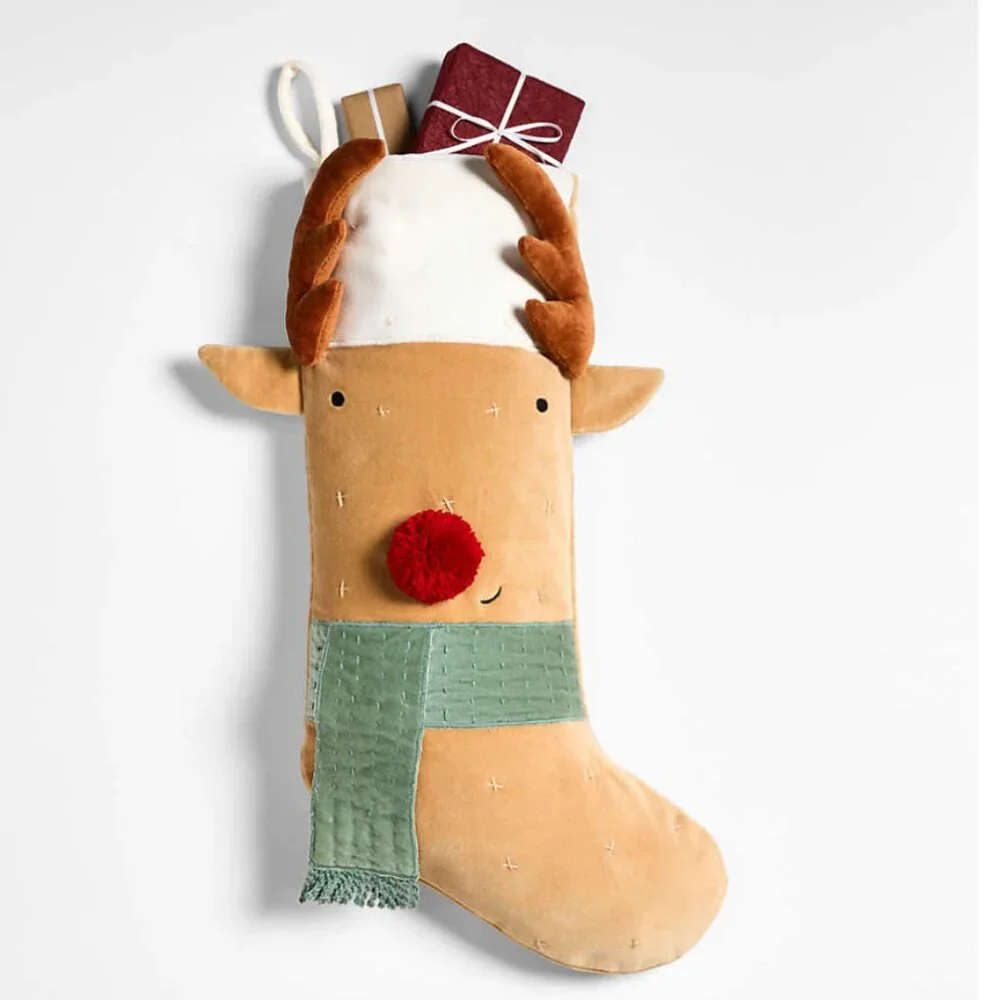 Crate & Barrel Wonderland Velvet Reindeer Kids Christmas Stocking